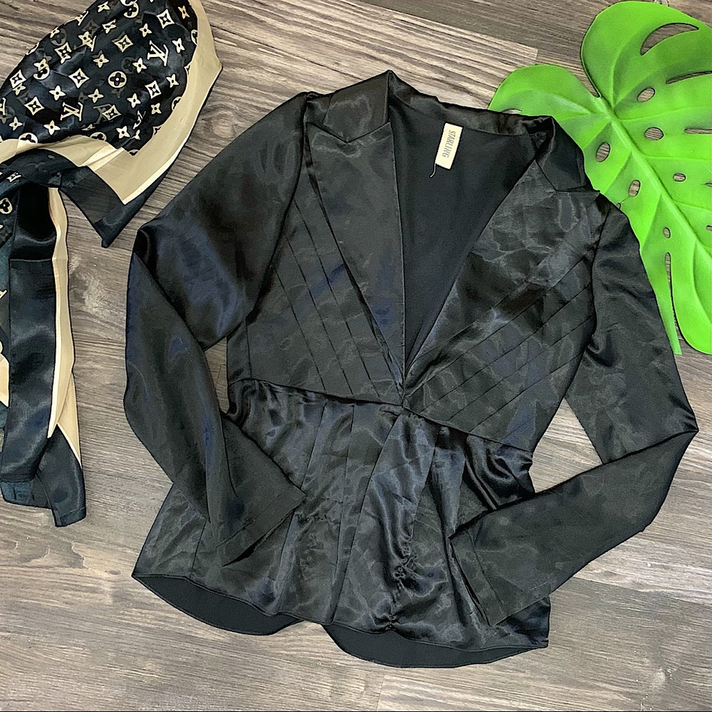 EUC Starling satin long sleeve black vneck blouse